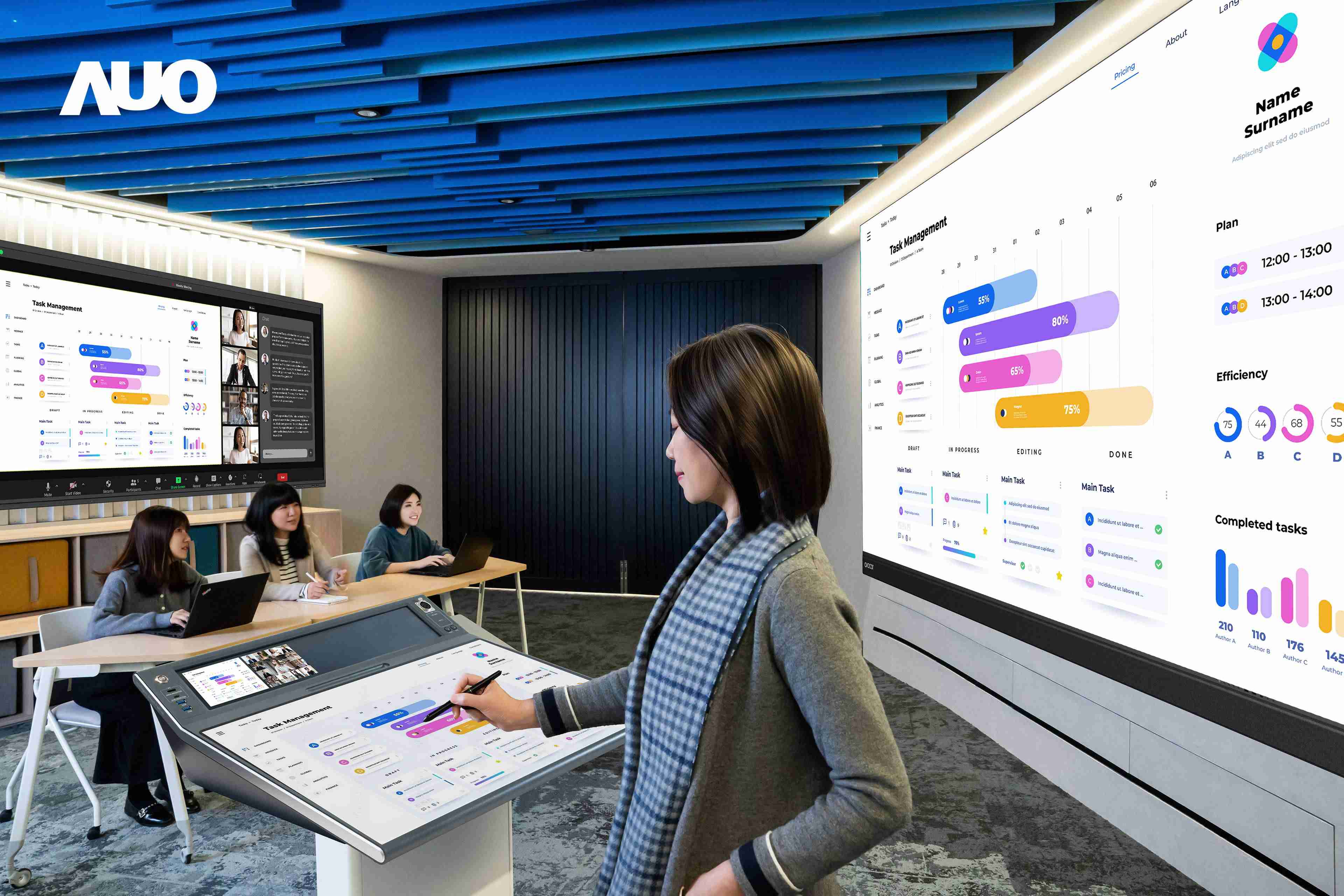 达擎携手Avocor与Rise Vision展示全方位商务领域应用，，，包含采用模块化设计的138吋一体式All-in-One LED显示器及具21:9超宽比例的92吋交互式电子白板（IFPD），，，，讲者可轻松分享内容，，有效提升会议协作效率。。。。